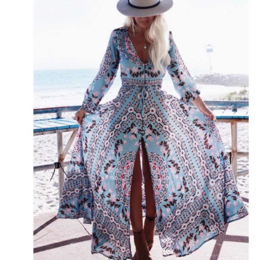 Boho Chic Gypsy Floral Print Maxi Dress blue - Picture 3 of 7